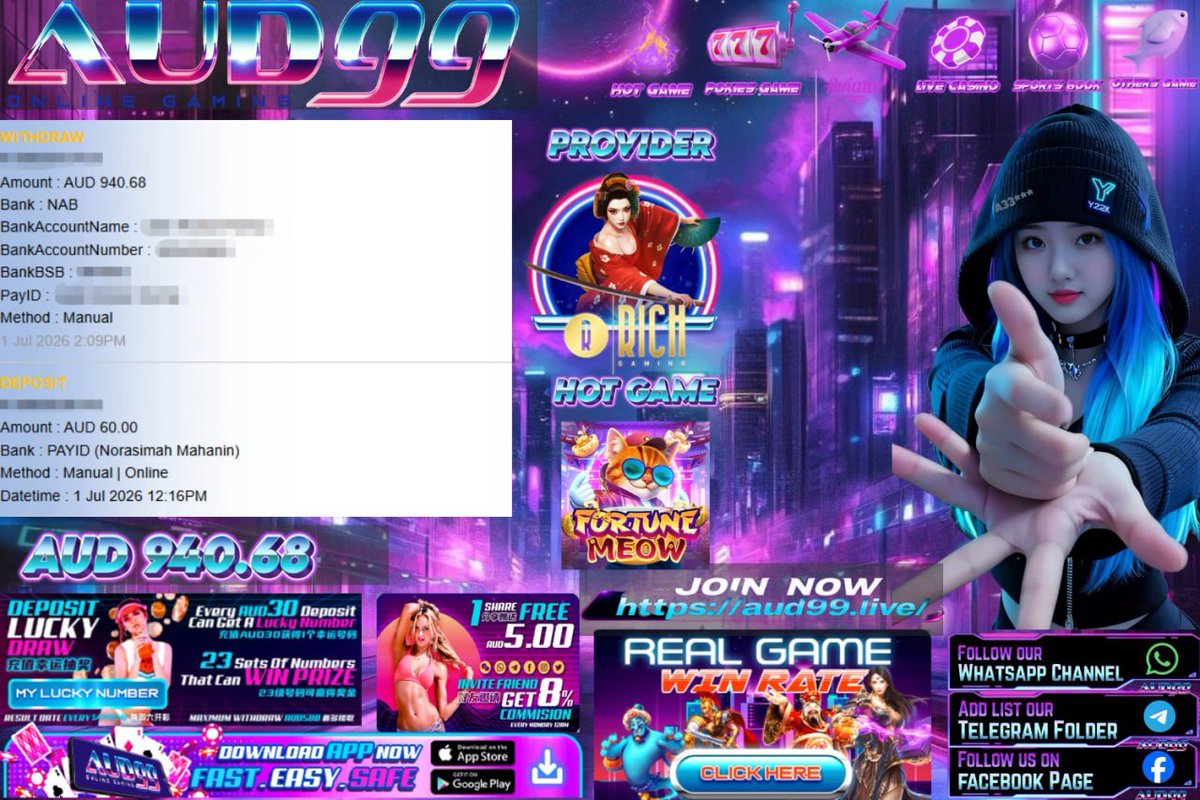 AUD99_AUS's tweet photo. AUD99🇦🇺

❗️Member's Withdrawal❗️
👉Congratulations For Member Winning &amp; Withdrawal

👉Platform : RICH GAMING
👉Games : FORTUNE MEOW
👉Amount Withdrawal: AUD 940.68

What Are You Waiting For ?
 Join &amp; Win Together !

Link For Join In PROFILE Or Description

#aud99 #aud99australia https://t.co/C1dGSLZZhu