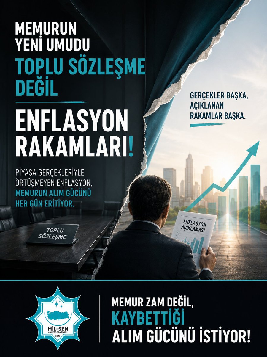 mucahit2929's tweet photo. MEMURUN YENİ UMUDU: TOPLU SÖZLEŞME DEĞİL, ENFLASYON AÇIKLAMASI!

Düşünün...

Bir memur, bir emekli...

Maaşını belirlemesi gereken toplu sözleşmeyi değil, her ay açıklanacak enflasyon rakamlarını umutla bekliyor.

Üstelik açıklanan rakamların, vatandaşın pazarda, markette, kirada ve faturada yaşadığı gerçek hayat enflasyonunu tam olarak yansıtmadığı yönündeki yaygın kanaate rağmen...

Çünkü yıllardır sahnelenen toplu sözleşme tiyatrosunun sonu hiç değişmiyor.

Senaryo aynı... Oyuncular aynı... Perde her defasında memurun aleyhine kapanıyor.

Defalarca hükümete ve yetkili sendikaya çağrıda bulunduk. Ancak ortaya çıkan rakamlar, ne piyasa gerçekleriyle ne de kamu çalışanlarının yaşadığı ekonomik tabloyla örtüşüyor.

Açıklanan her maaş artışı daha ikinci, üçüncü ayda enflasyon karşısında erirken; toplu sözleşmenin, alım gücünü koruyan bir mekanizma olmaktan çıkıp bir formaliteye, hatta bir tiyatroya dönüştüğü gerçeği acı bir şekilde ortaya çıkıyor.

Memur zam istemiyor. Kaybettiği alım gücünü geri istiyor.

Adil paylaşım, gerçekçi ücret politikası ve insanca yaşam artık ertelenemez bir zorunluluktur.

Mehmet Şimşek 
#MilSen
#Memur
#emekli
#sendika
#toplusözleşme
#enflasyon
@tcbestepe
@csgbakanligi
@HMBakanligi 
@tuikbilgi