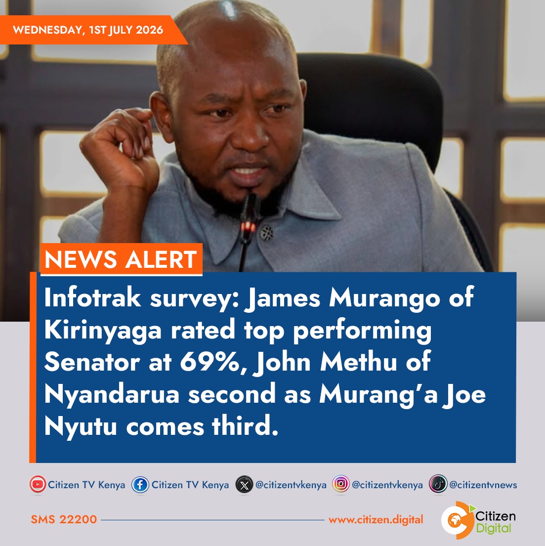 citizentvkenya's tweet photo. Infotrak survey: James Murango of Kirinyaga rated top performing Senator at 69%, John Methu of Nyandarua second as Murang’a Joel Nyutu comes third https://t.co/w7aH5YspoZ