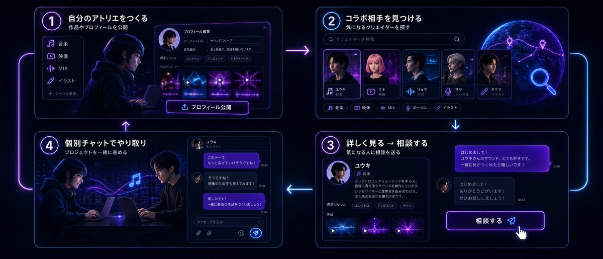 mech_kish's tweet photo. 🎵「MV作ってほしい」「MIXしてほしい」「歌ってほしい」「楽曲に映像をつけてみたい」

DTMer、ボカロP、AI音楽、映像クリエイター、MIX師、歌い手さん、コラボや依頼相手を探すの大変ですよね？

5月にそんな声を受けてマッチングの仕組みを考え始め、ついにサイト完成！今すぐ登録できます👍

できること：
・自分の作品を公開して知ってもらう
・依頼は受けず作品公開の場としても使える
・気になるクリエイターさんと出会う
・匿名で気軽に相談 → コラボや依頼へ  
・無料だけでなく有料でも依頼を受けられる

登録はメールアドレスだけでOKです😀 
Creators Atelier（クリエイターズアトリエ）
https://t.co/uHIpvkSVaV

まだまだ不具合、気になる点があると思うので、DMかサイト内の吹き出しから教えてください🙏

映像クリエイター、MIX師、歌い手さん、ボカロP、DTMerのみなさん、
一緒に創作の輪を広げていきたいのでぜひフォローしていただけると嬉しいです✨

みんなの声で一緒にわくわくする場にしていきます！