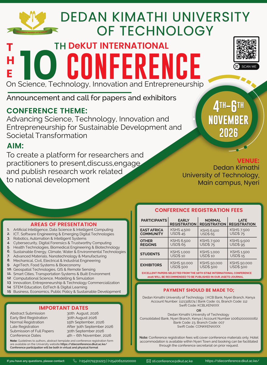 DeKUTkenya's tweet photo. Selected outstanding papers from the conference will be recommended for publication in the JASTED Journal.

📖 Submit your abstract and register today by scanning the QR code or visiting:
https://t.co/lQvSz7DuBs https://t.co/sSW9HJmMtb