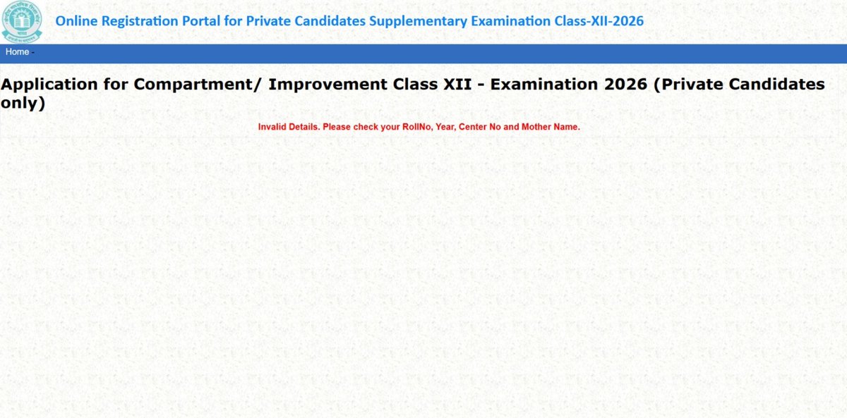 thedakshpundir_'s tweet photo. Unable to register for Class 12 Supplementary 2026. The portal keeps showing "Invalid Details" despite entering correct information. I appeared as a private candidate in 2026 after RT in 2025 and now have RT in Maths &amp; Chemistry. Please help.@cbseindia29 #CBSE https://t.co/jpaHE9Pvjy