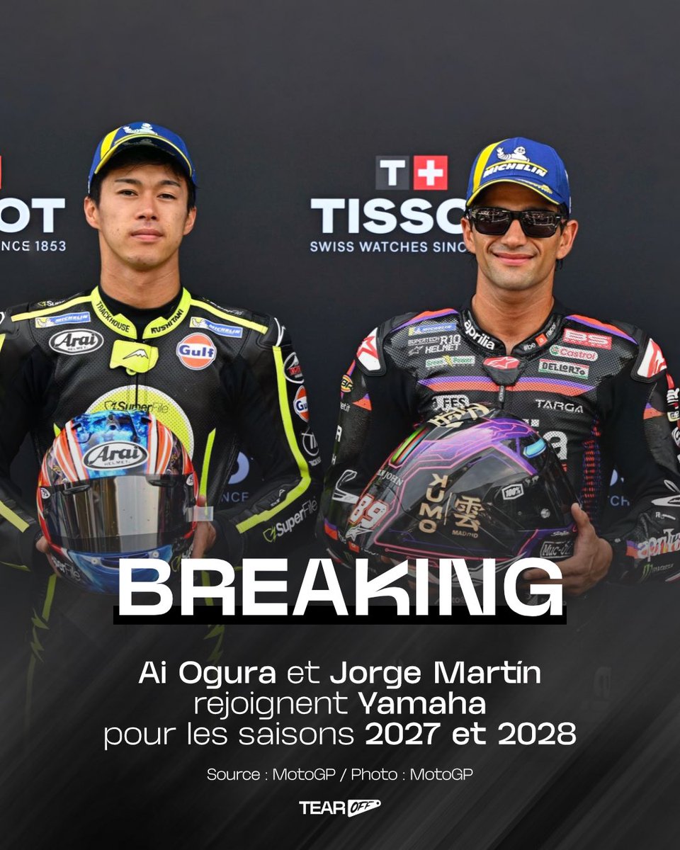 TearOffFR's tweet photo. 🚨 OFFICIEL !

Ai Ogura et Jorge Martin rejoignent Yamaha à partir de la saison 2027, pour deux saisons !

Alors que Fabio Quartararo vient tout juste d’annoncer son départ hier, le team japonais confirme déjà sa line-up pour 2027 👀

Un champion du monde leader du championnat et un tout nouveau pilote victorieux en MotoGP, on en pense quoi de ce duo ?

#MotoGP