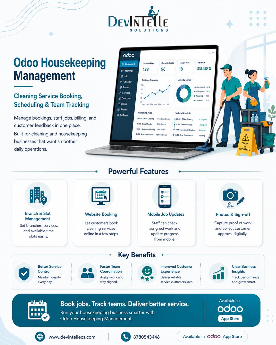 devintelle's tweet photo. Odoo Housekeeping Management for Cleaning Teams 

Manage bookings, staff jobs, schedules, photos, billing, customer approvals, and reports in one place with Odoo Housekeeping Management.  

App Link: https://t.co/roFsWW48l4 

#OdooApps #HousekeepingManagement #CleaningServices https://t.co/k8GTxfzsNd