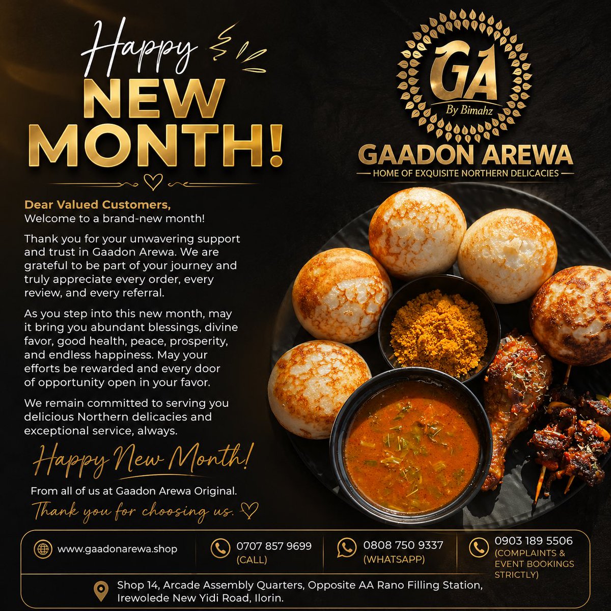 ArewaGaadon's tweet photo. ✨ Happy New Month from Gaadon Arewa Original! ✨

Dear Esteemed Customer,

Welcome to a beautiful new month!

Tank you for choosing Gaadon Arewa Original and for being a valued part of our journey. Your trust, loyalty, and unwavering support inspire us God bless you all https://t.co/YQj8Rbaqr0