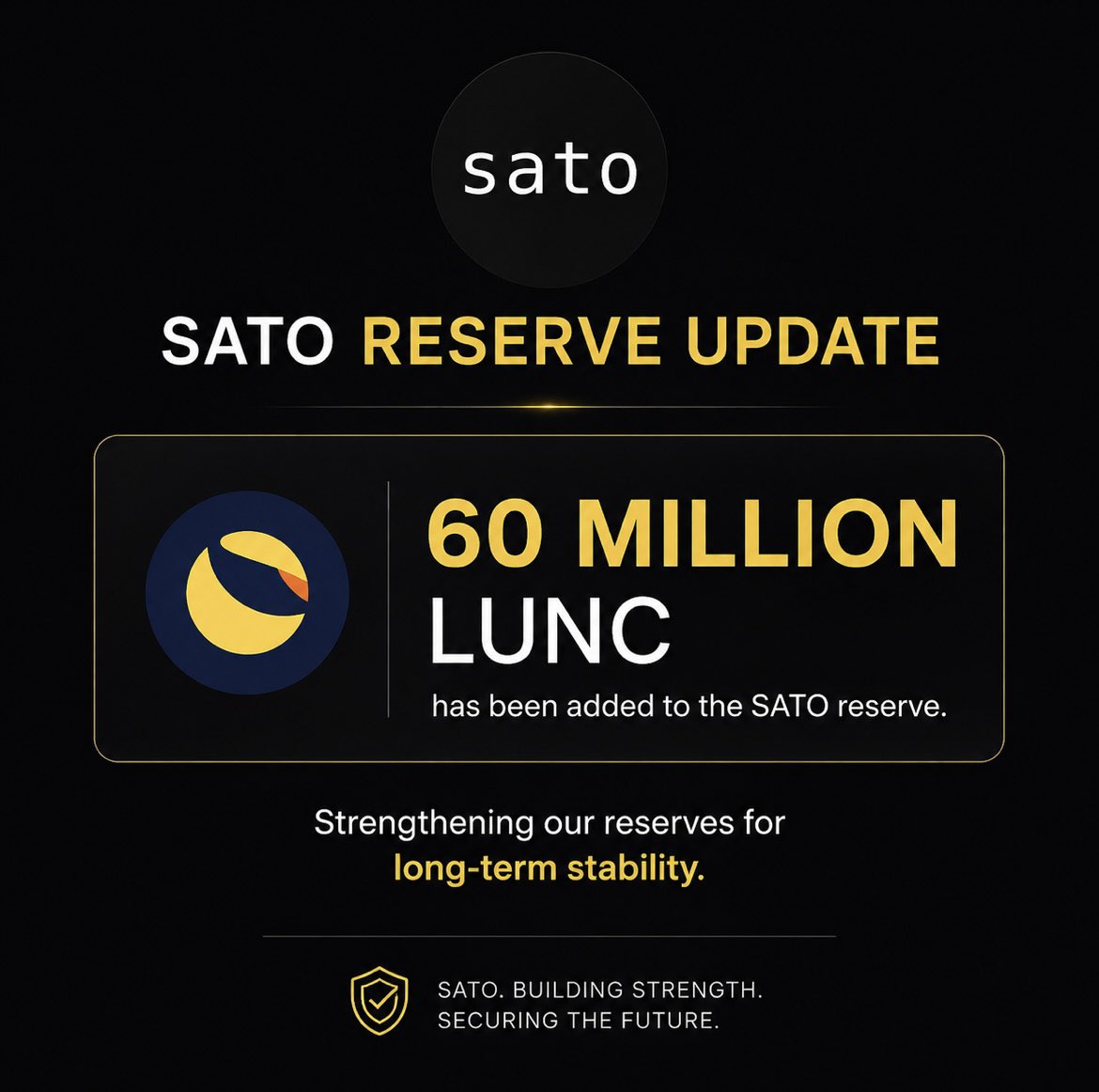 SATOGUARD's tweet photo. sato reserve update

60 million $lunc has been added to the sato reserve.

we continue strengthening our reserves for long-term stability.

stay tuned. https://t.co/s1kmJUsymC