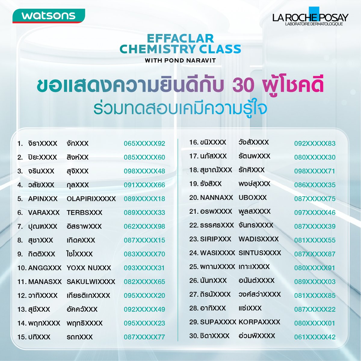 LaRochePosayTH's tweet photo. ประกาศรายชื่อผู้โชคดี 30 ท่าน ที่จะได้มาเข้าร่วมกิจกรรมสุดพิเศษในงาน EFFACLAR CHEMISTRY CLASS WITH POND NARAVIT 🧬

ขั้นตอนการยืนยันสิทธิ์:
🔍 ตรวจสอบรายชื่อและเบอร์โทร
⏰ ยืนยันสิทธิ์ผ่านทางอีเมลที่ได้รับจากทางแบรนด์ ภายในวันที่ 2 กรกฎาคม 2569 เวลา 18.00 น.

📍 แล้วพบกันวันที่ 21 กรกฎาคม 2569 นี้ ที่ UNION MALL G FL., UNION CO-EVENT SPACE ZONE A

#LaRochePosayTH #EffaclarxPondNaravit