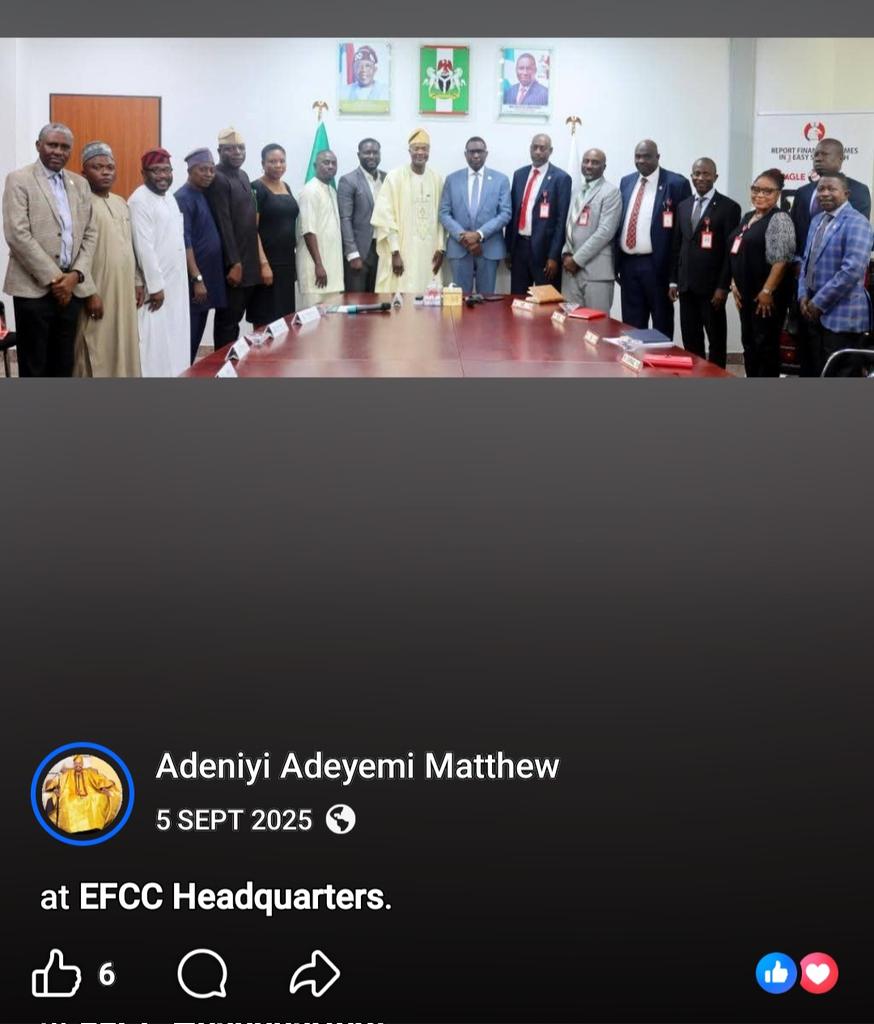 SamuelOmogor's tweet photo. In September 2025, Prince Adeniyi Adeyemi Mathew, as DG, Presidential Foreign Intervention Promotion Council and Presidential Economic Advisory Council, led his team on a courtesy visit to the @officialEFCC Headquarters. The same agency @femigbaja claims doesn't exist. #GbajaGate https://t.co/nzCW4sUPZV