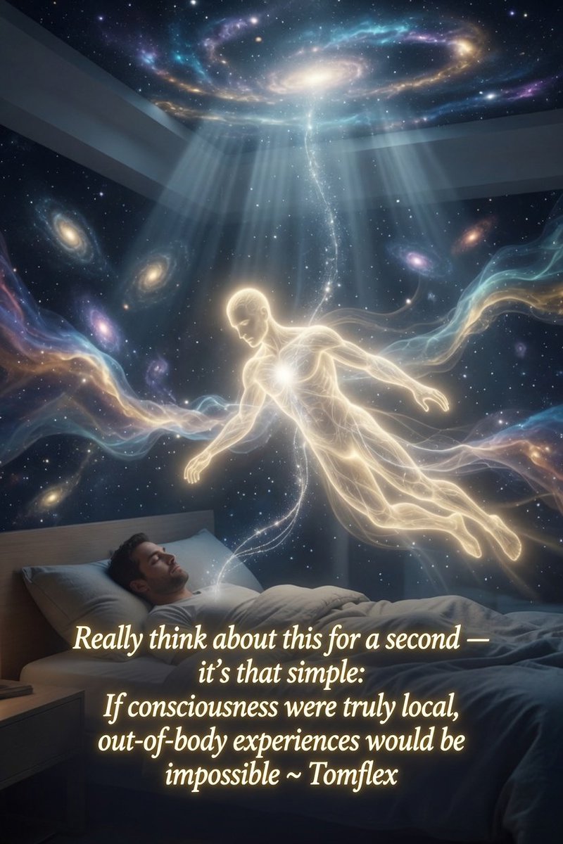 Tomfl3x's tweet photo. Really think about this for a second — it’s that simple: 
If consciousness were truly local, out-of-body experiences would be impossible ~ Tomflex https://t.co/Kjy938mVsC