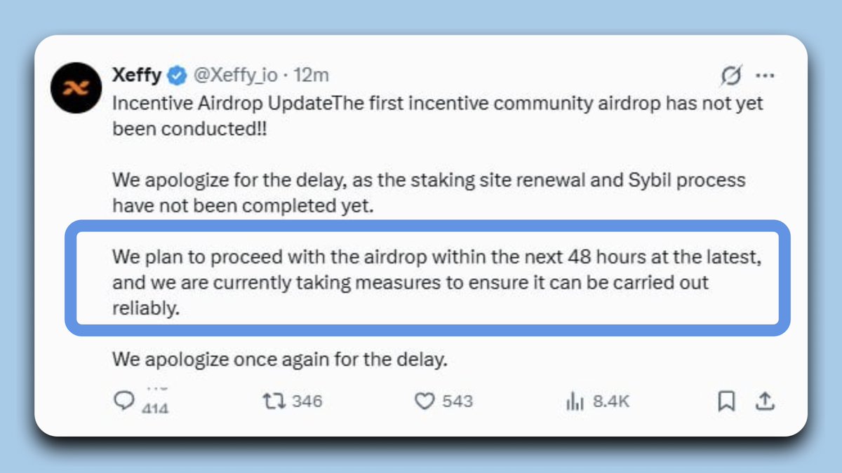 smolwyne's tweet photo. 🚨 $XEF Airdrop Distribution Update xeffy

$XEF Distribution Delayed Again, Another 48 Hours🙄

@Xeffy said:
"The first Incentive Community Airdrop has been delayed."

According to the team, the staking site renewal and Sybil verification are still in progress to ensure a fair distribution.

Expected timeline: Within the next 48 hours.

I don't even know what to say anymore.

I guess all we can do is wait another 48 hours... with no expectations. 😶

What do you think?