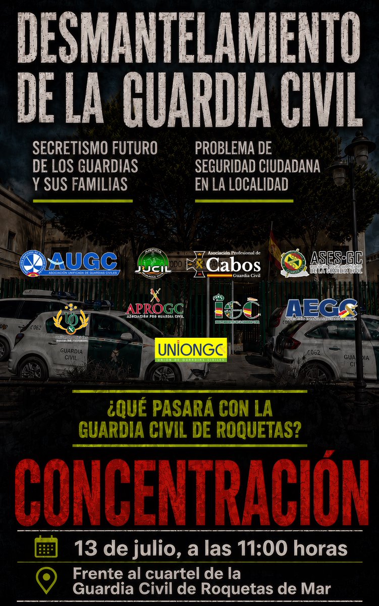 apc_almeria's tweet photo. El próximo 13 de julio de 2026, las asociaciones profesionales de la @guardiacivil convocamos CONCENTRACIÓN frente al Cuartel de Roquetas de Mar:
Desmantelamiento de la Guardia Civil
Secretismo en el futuro de los Guardias Civiles
Problema de seguridad ciudadana en Roquetas
ÚNETE https://t.co/IppgJWEUES