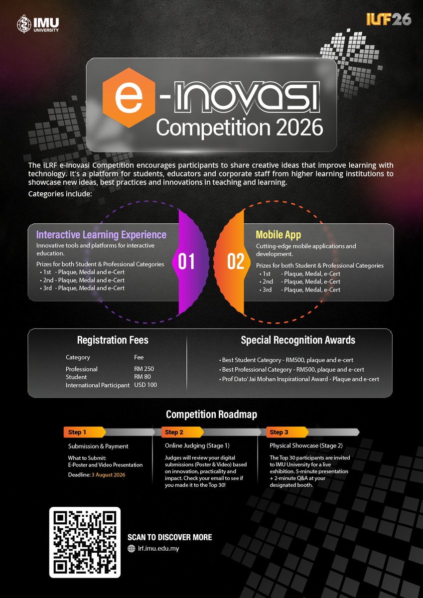imuLResources's tweet photo. 🚨 DEADLINE EXTENDED TO 03 AUG! 🚨

More time to join the iLRF2026 e-Inovasi Competition &amp; secure national KPM PAJSK points! 🏆 Cash prizes up to RM500, medals &amp; e-certs up for grabs! 💰

Guidelines &amp; info: https://t.co/LGLQgVUwr3

#iLRF2026 #IMUUniversity #PAJSK #KPM #STEM🏆 https://t.co/PcFcF5bbu9