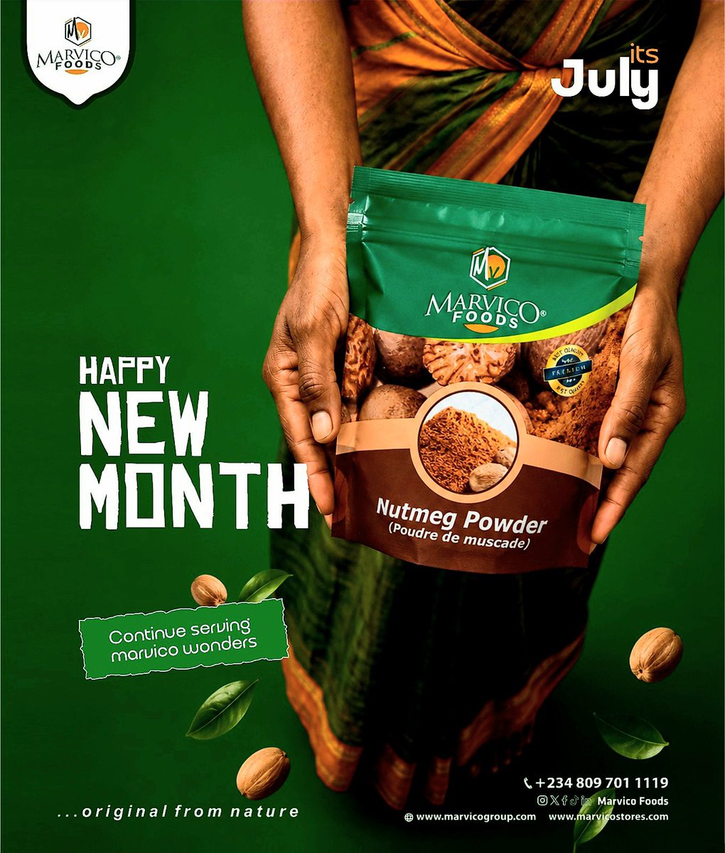 MarvicoFoods's tweet photo. Happy New Month!

Wishing you a month filled with happiness, success, and good food. Bring out the best in every recipe with Marvico Foods Nutmeg Powder.

Call Now: +234 809 701 1119
DM to Order
https://t.co/WACLP0ZJW1 https://t.co/zSXXMYeX65