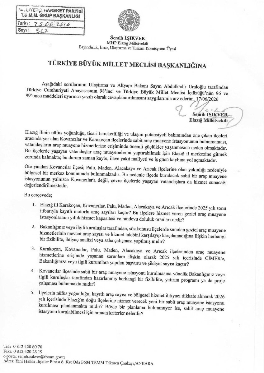 KverSemih's tweet photo. Kovancılar İlçemize çevre ilçelere de hizmet verecek kapasitede sabit bir araç muayene istasyonu kurulmasına ilişkin talebimizi ihtiva eden soru önergemizi TBMM Başkanlığına sunduk. 

Hayırlı sonuçlara vesile olsun inşallah. https://t.co/zPs8BlqTeZ