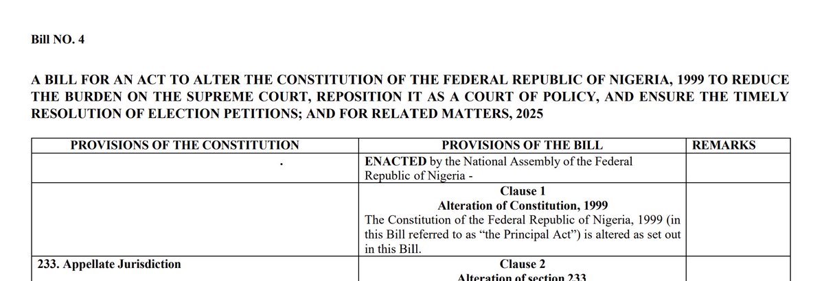 toluogunlesi's tweet photo. One of the Constitutional Amendment Bills being proposed seeks to lessen the burden on the Supreme Court by ensuring that the Court of Appeal becomes the final arbiter on "all chieftaincy matters, all matrimonial causes, all family matters and all land matters." 

- as well as in all "election petitions and pre-election petitions" relating to Governorship elections.

This will of course not apply to any pending appeals in the Supreme Court or any pending applications for leave to appeal to the Supreme Court.