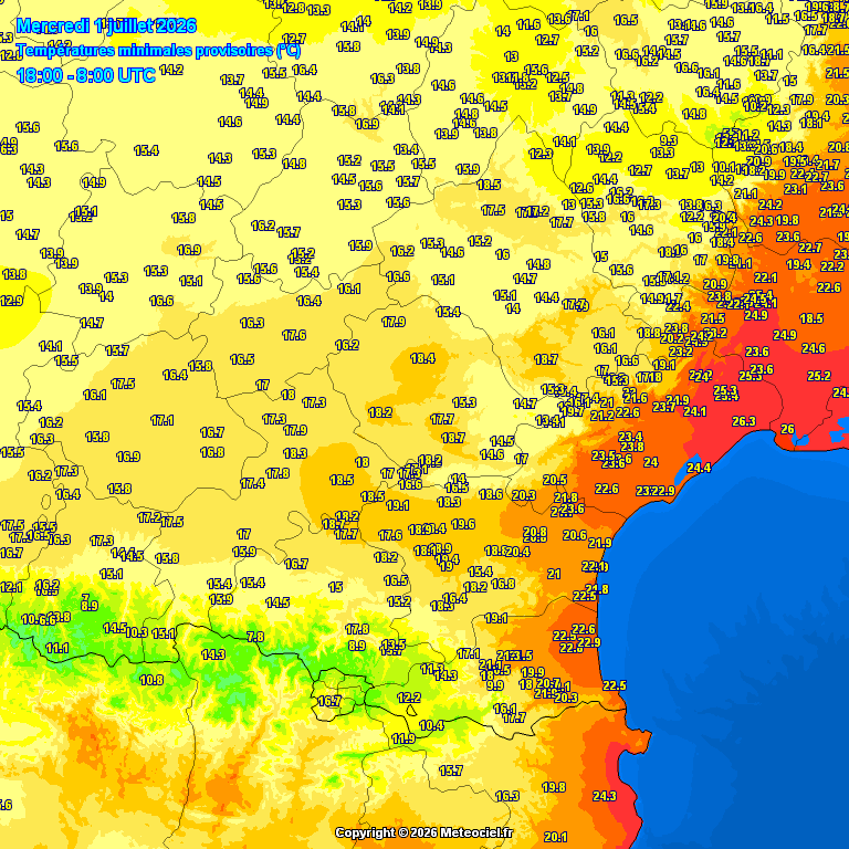 CandaThomas's tweet photo. En ce 1er Juillet 2026 : Montpellier devrait battre son record mensuel et absolu de température minimale la plus élevée (TNx), avec une valeur de 26,3°C.
Ancien record de Juillet avec 25.7°C le 21/07/2015.
Ancien record absolu : 26.1°C le 10 aout 1994. https://t.co/rguoRcVY2o