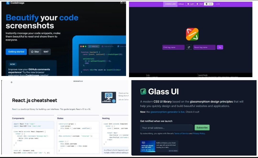 dharmvir_'s tweet photo. Hidden Gems Websites for Developers:

1. https://t.co/30SjyLyrsK

I use it for modern Ul sections, clean & aesthetic.

2. https://t.co/nJufznX118

Perfect when I forget syntax but hate opening docs

3. https://t.co/QD2JX8rn8t

I use it for posts & portfolio screenshots

4. https://t.co/2pHRtKzdnM

Checks which HTML elements can nest inside others.

Bookmark it. Repost it to help others:
