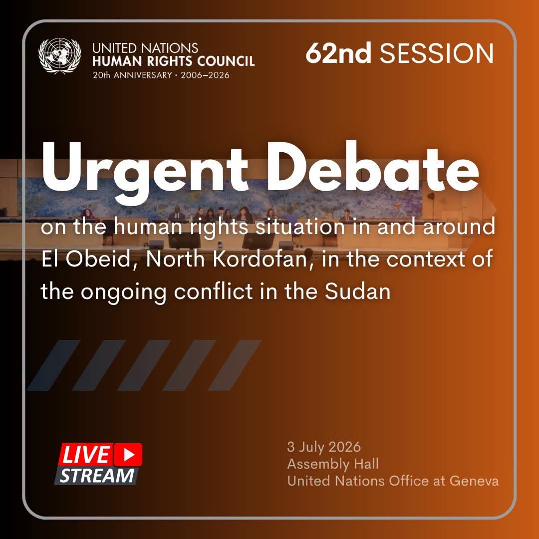 AIDLEU's tweet photo. 🔴 BREAKING!

The United Nations  Human Rights Council is holding an urgent debate to “address the human rights situation in and around El Obeid, North Kordofan, in the context of the ongoing conflict in the #Sudan.”

📅Friday, 3 July 2026
⏰10:00 am (GMT+2)
🏦 UN Geneva 

INFO ➡️ https://t.co/AG0QWFXBuR