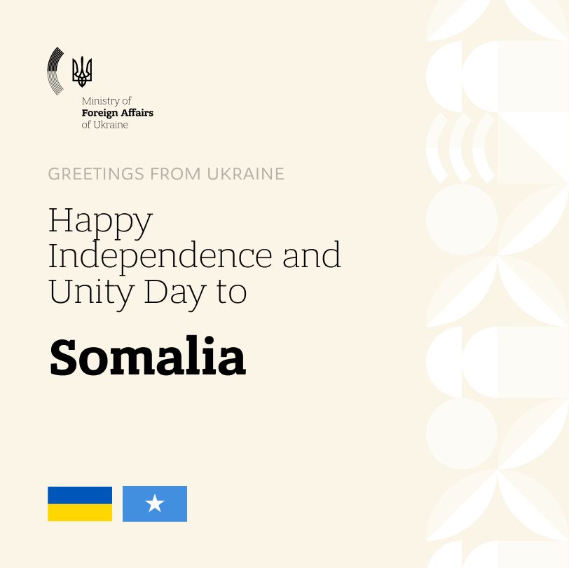 MFA_Ukraine's tweet photo. Our cordial greetings to Minister @AbdisalamDhaay and the people of Somalia on Independence Day! Ukraine remains a reliable partner, committed to supporting Somalia's food security and state-building efforts. 

We deeply appreciate our shared respect for international law and sovereignty. Wishing peace, progress, and a brighter future to the Somali nation! 🇺🇦🤝🇸🇴