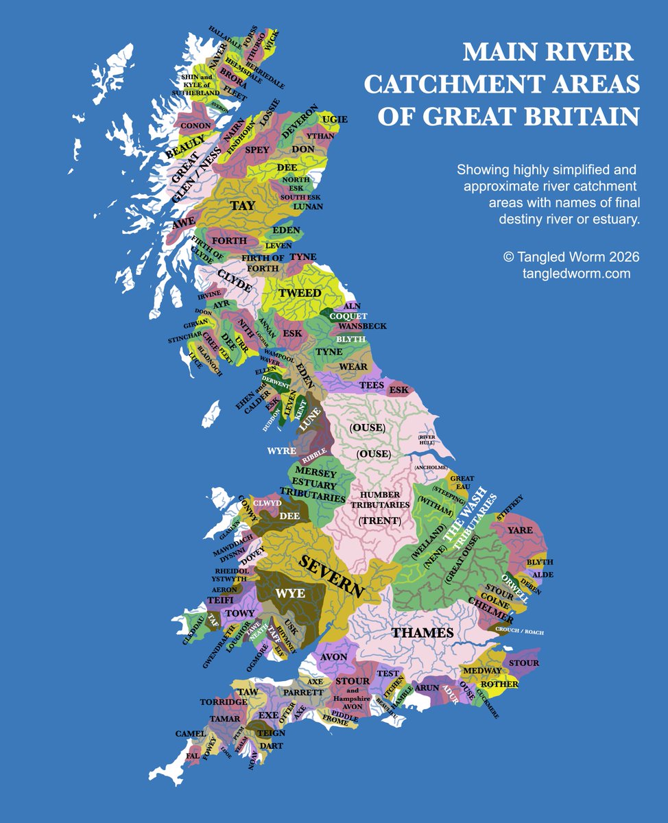 Englands_NE's tweet photo. A very simplified map of the main river catchment areas of Great Britain. It's extraordinary that rivers and streams as far south as Wolverhampton and even Solihull beyond Birmingham to as far north as the River Wiske just south of Darlington all ultimately feed the River Humber. https://t.co/EPVa9F1Sbh