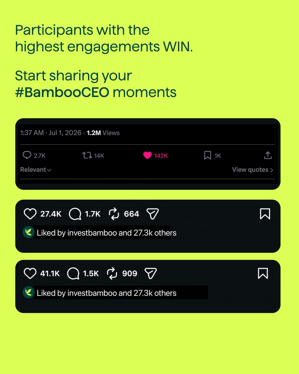 investbamboo's tweet photo. You can win up to 1 million naira in our #BambooCEO challenge and it’s really simple:

- Take a selfie with the Bamboo World Cup ad
- Post (on Instagram or X) with the hashtag #BambooCEO
- 5 participants with the highest engagements EVERY WEEK win⚡️

The World Cup will have many winners and you can be one of them.