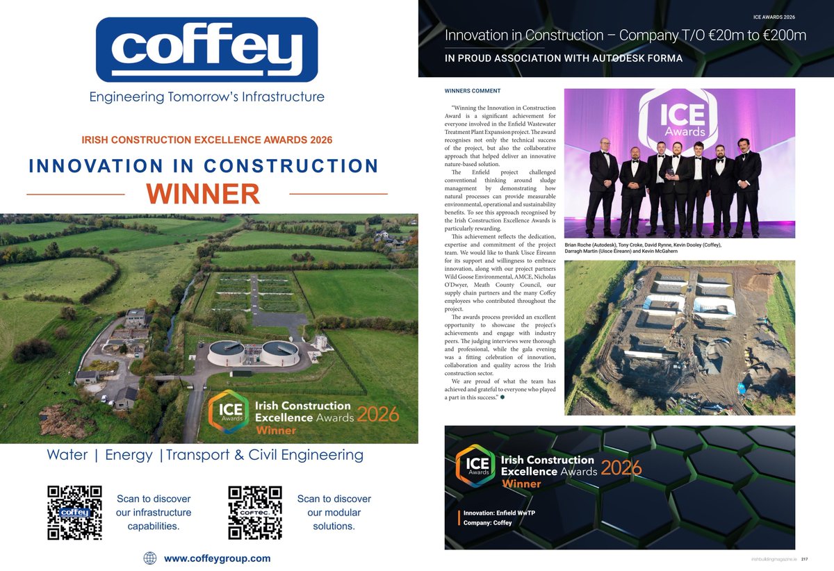 CoffeyGroup's tweet photo. Recognition starts with real impact.
Coffey’s Enfield WwTP, winner of @theICEAwards  2026 Innovation in Construction Award, is featured in @IrishBuildingOL Magazine, showcasing nature-based solutions for sustainable wastewater.
Read more: https://t.co/bzt3LX6FMu 
#Coffey https://t.co/2VpwSPThsB