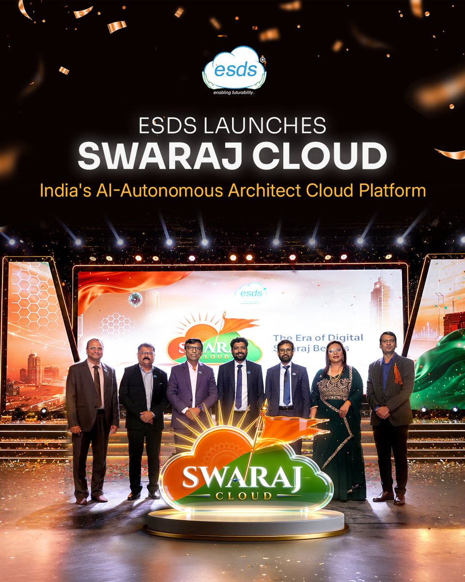 ESDSDataCenter's tweet photo. #ESDS Marks a New Milestone with the Launch of #𝐒𝐰𝐚𝐫𝐚𝐣𝐂𝐥𝐨𝐮𝐝– India's AI-Autonomous Architect Cloud Platform, Purpose-Built to enable India's Digital &amp; Sovereign #AI Future.

Explore more: https://t.co/BsqnV8GPzf

#DataSovereignty #11YearsOfDigitalIndia https://t.co/tRk6nFEb2x