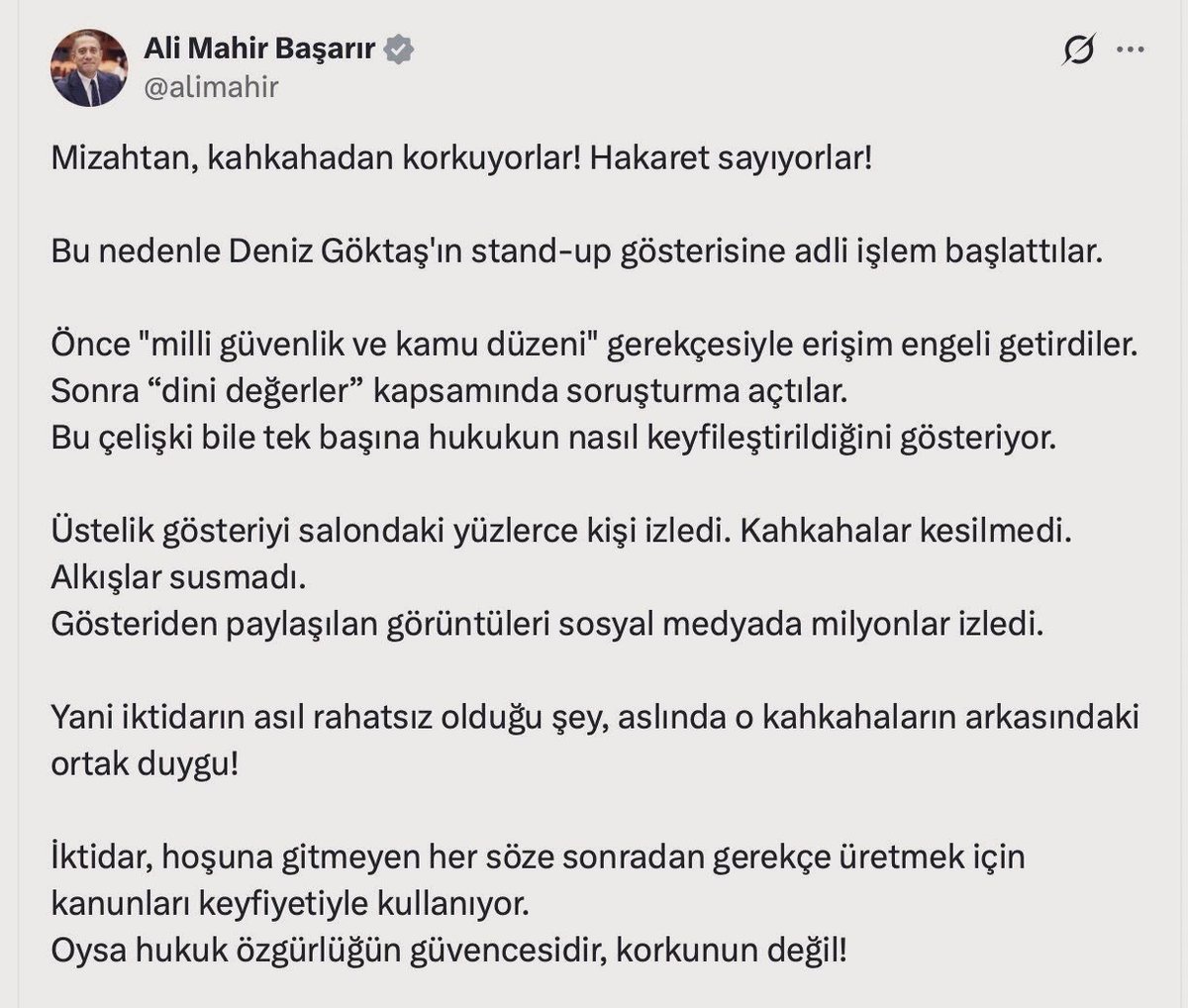 ozgurozkurt_16's tweet photo. Konu Alevilik olunca aslan kesilen Ali Mahir, konu İslam olunca hoşgörü bekliyor!

CHP’li Ali Mahir Başarır, Alevilere yönelik şakası nedeniyle stand-up sanatçısı Pınar Fidan’a sert tepki gösterirken, Kuran-ı Kerim ile ilgili ifadeleri tartışma yaratan Deniz Göktaş’a ise destek verdi.

“Mizahtan, kahkahadan korkuyorlar, hakaret sayıyorlar.”
