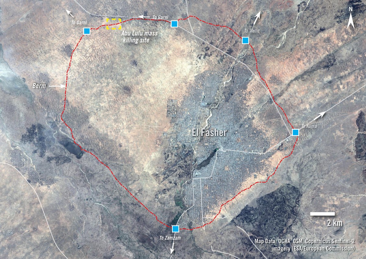 AmnestyEARO's tweet photo. On 26 October 2025, the RSF waged its final offensive on El Fasher. When civilians attempted to flee, they encountered a 57km network of berms. A massacre followed: hundreds were executed, and many others were tortured or detained. https://t.co/EBWewWqk2y
