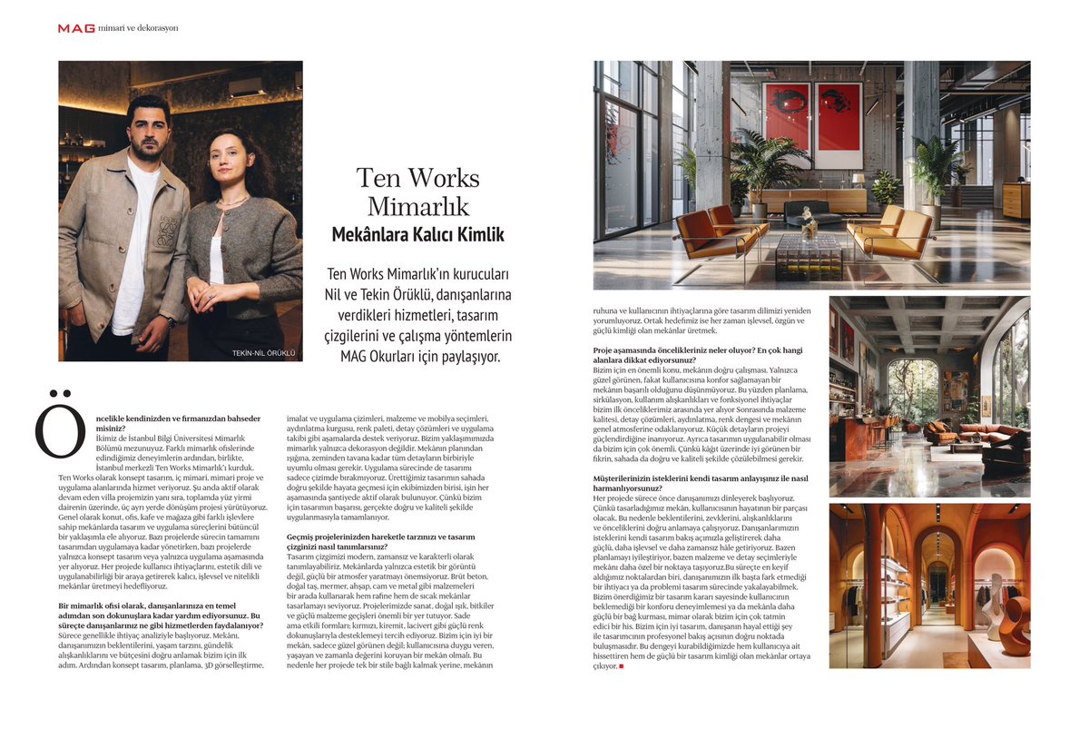 tenworks_net's tweet photo. MAG Dergisi Temmuz sayısında biz de varız.

Ten Works Mimarlık olarak tasarım anlayışımızı, çalışma sürecimizi ve mekânlara kalıcı kimlik kazandırma yaklaşımımızı anlattığımız keyifli bir röportaj gerçekleştirdik.

Bu güzel yer verme için @magdergi ekibine teşekkür ederiz. https://t.co/L7211DVPFy
