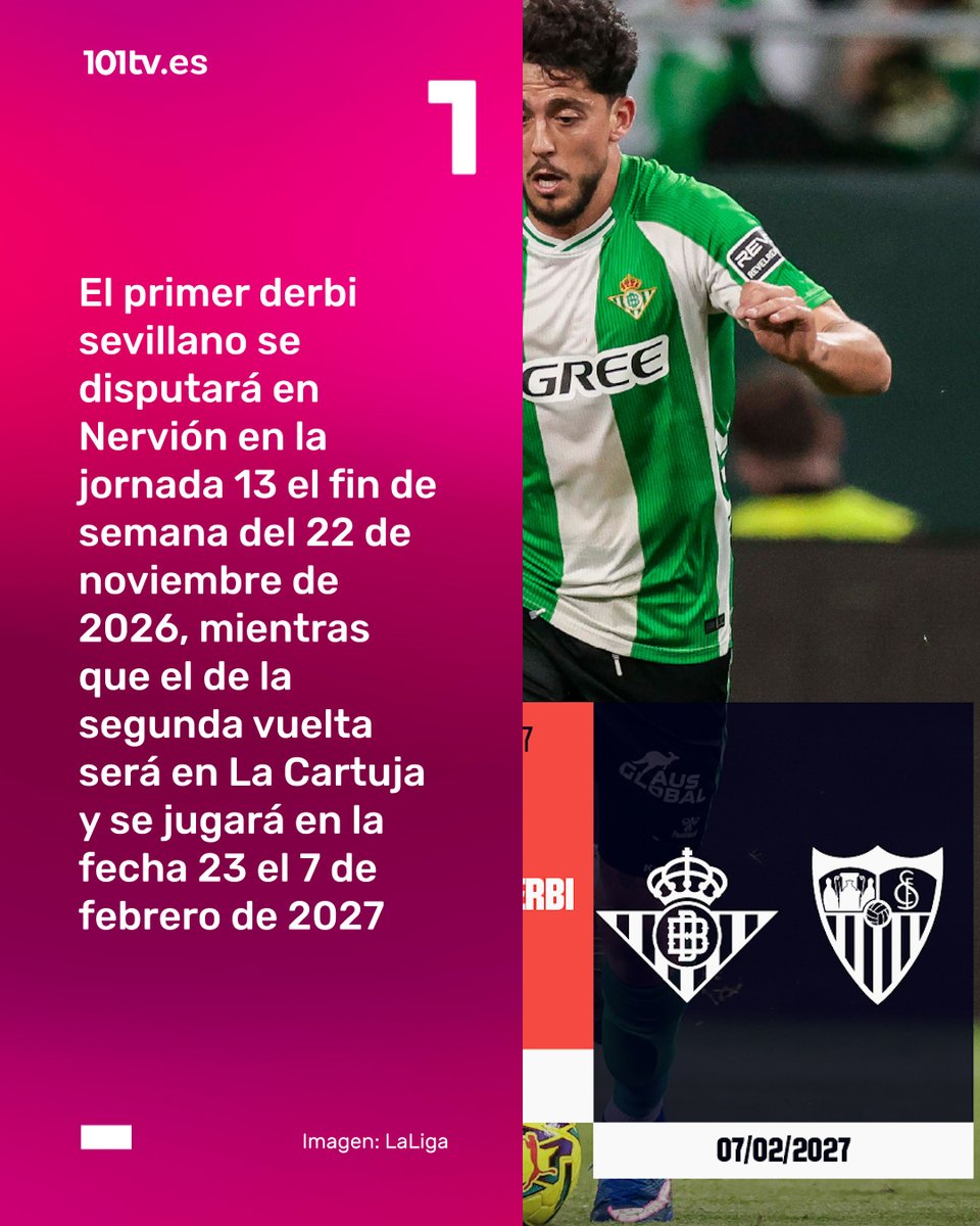 101TVSevilla's tweet photo. 🟢 Este es el calendario del Real Betis en LaLiga 2026/2027.

✈️ Los de Manuel Pellegrini debutarán en Mestalla ante el Valencia CF y tendrán que esperar a la segunda vuelta para ser locales en #ElGranDerbi del 7 de febrero.

ℹ️ @JavierSotillo_
📲 Más información en https://t.co/SRdM5yjTyr 

#RealBetis #ValenciaRealBetis #LaLiga