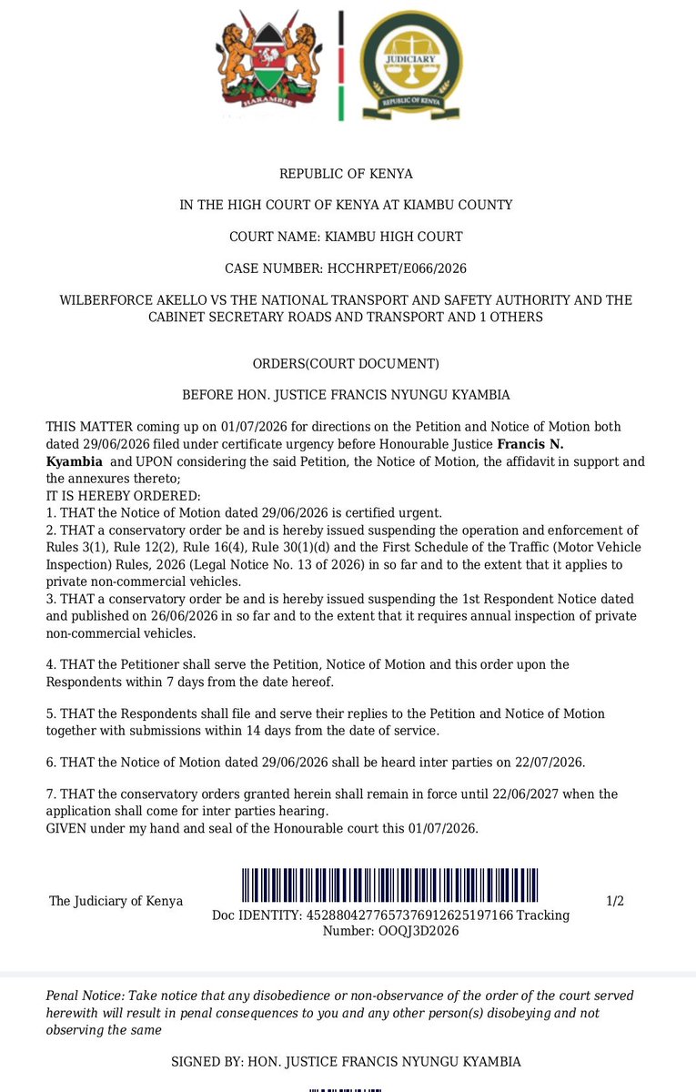 joshuamalidzo's tweet photo. #hotoffthebench
The High Court at Kiambu has issued a conservatory order halting the enforcement of the mandatory annual inspection requirement for private non-commercial vehicles. Equally, the Notice issued by NTSA has been suspended.

Justice Kyambia https://t.co/wjjNuJIgWP