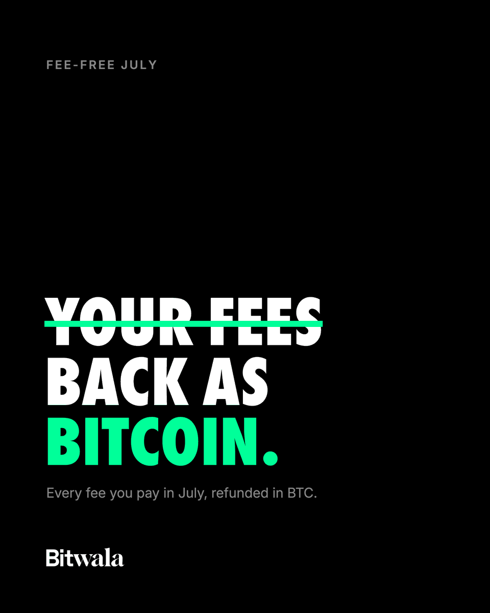 Bitwala's tweet photo. Fee-Free Month.
May: 1 winner.
June: 10 winners.
July: everyone wins.

Every fee a new Bitwala user pays in July gets refunded in Bitcoin. Trading fees, card fees, the lot.

Whatever you rack up, it comes back in BTC beginning of August.

We're either getting more generous or less sane. Probably both.

Last round. After July, fees are just fees.