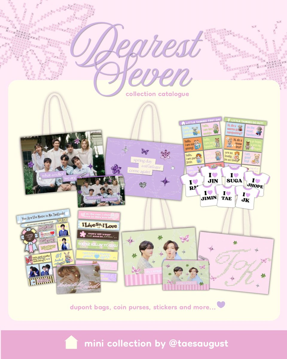 taesaugust's tweet photo. ⊹ ࣪  the 𝐝𝐞𝐚𝐫𝐞𝐬𝐭 𝐬𝐞𝐯𝐞𝐧 collection ˖ ໒꒱
— product catalogue 💟

pre-order period: 7.03 to 7.22 🪷

🌎 for g.o. / ww shipping
and queries, message me ⋆˚꩜｡ https://t.co/JUcFfhknyd