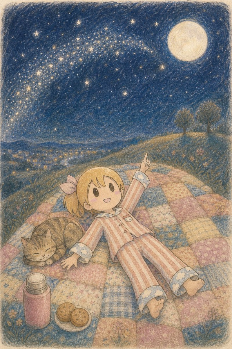 lico_yuruokoku's tweet photo. 丘のうえにねー、おふとんをしいてごろんってしたよー🌙
すこしずつ星がでてきてさ
かぞえようとしたら、どんどんふえてってきりがないの
もうかぞえるのやめて、ただながめることにしたよー

#AI生成 https://t.co/wLGWwsG31e