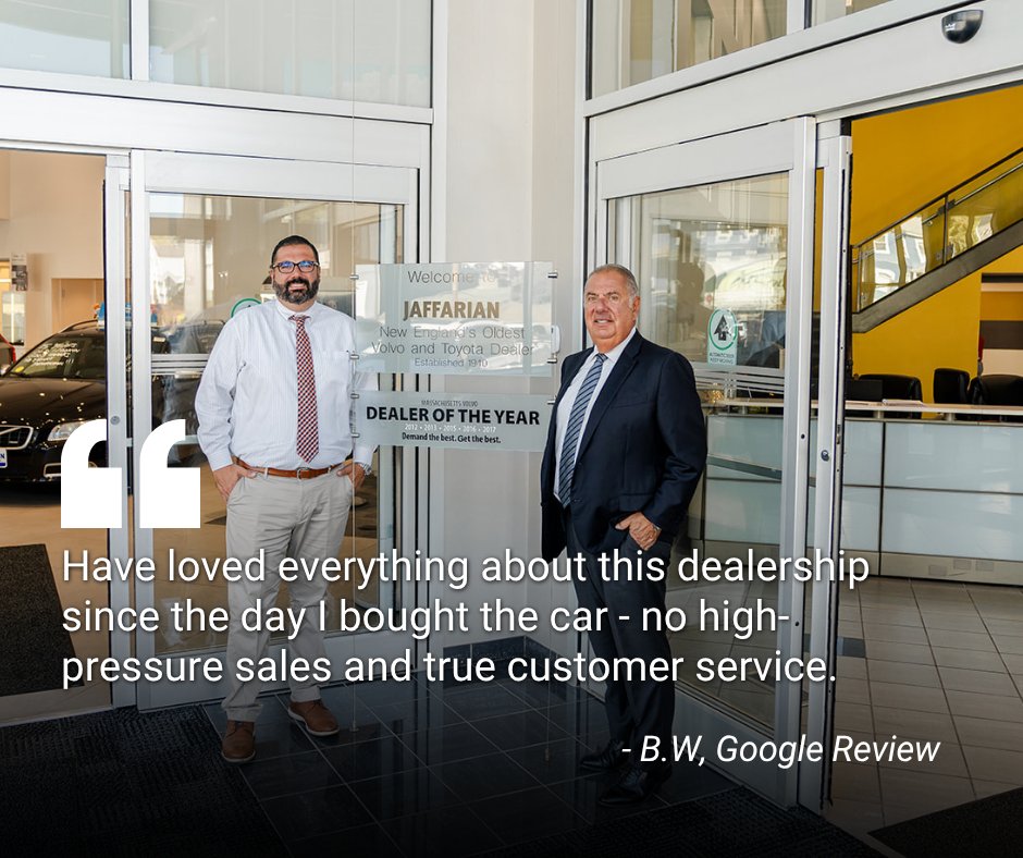 Jaffarian_Auto's tweet photo. No high-pressure sales. True customer service. That’s what we love to hear, and what we strive for every day. 

#JaffarianVolvo #TheJaffarianWay #VolvoCars https://t.co/BhxtajE75l