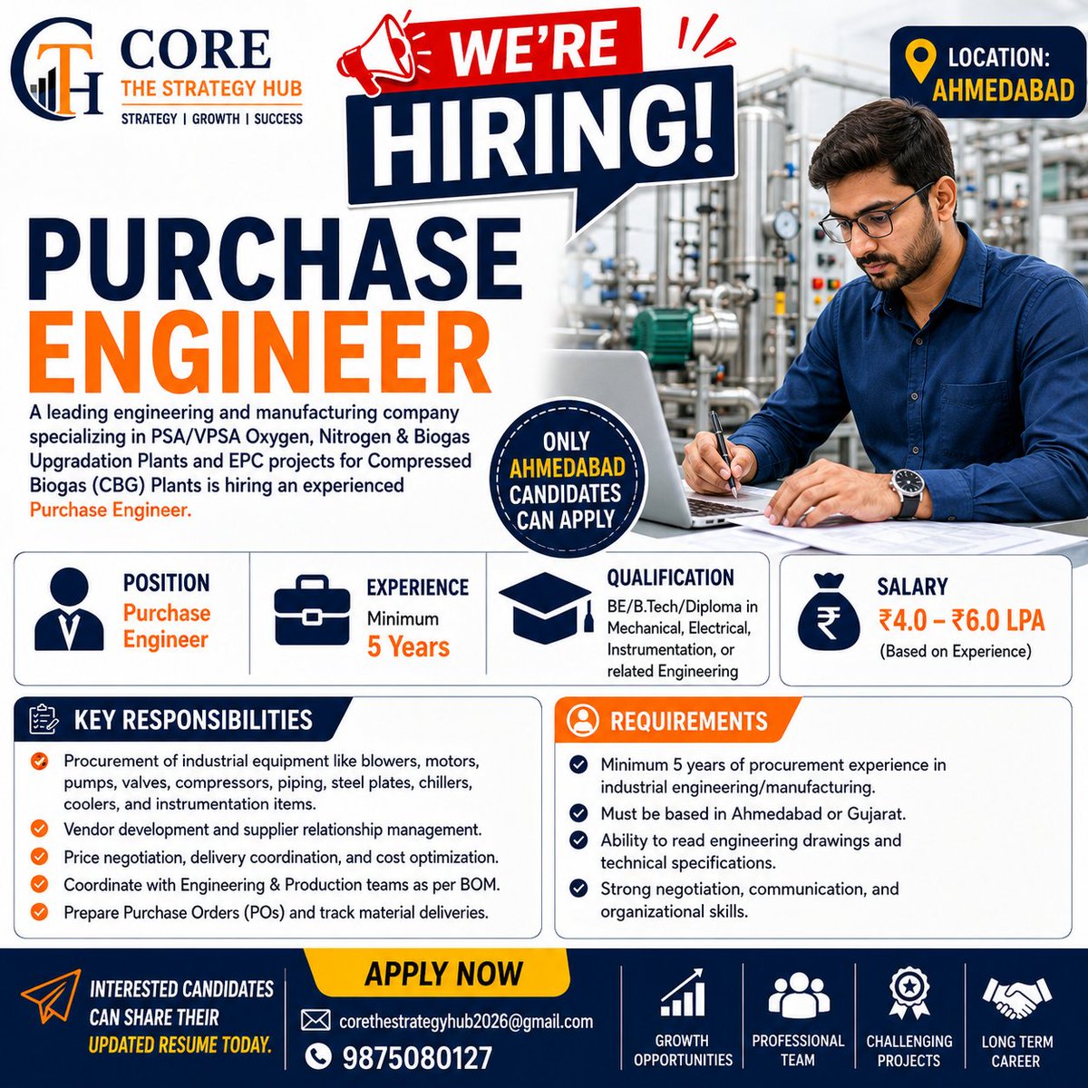 CTSH2026's tweet photo. 🚨 WE'RE HIRING – PURCHASE ENGINEER 🚨

Core The Strategy Hub

#PurchaseEngineer #ProcurementEngineer #MechanicalEngineering #ElectricalEngineering #InstrumentationEngineering #CBG #Biogas #PSA #VPSA #EPCProjects #ManufacturingJobs #AhmedabadJobs #HiringNow #CoreTheStrategyHub https://t.co/kJDhIdwlwQ
