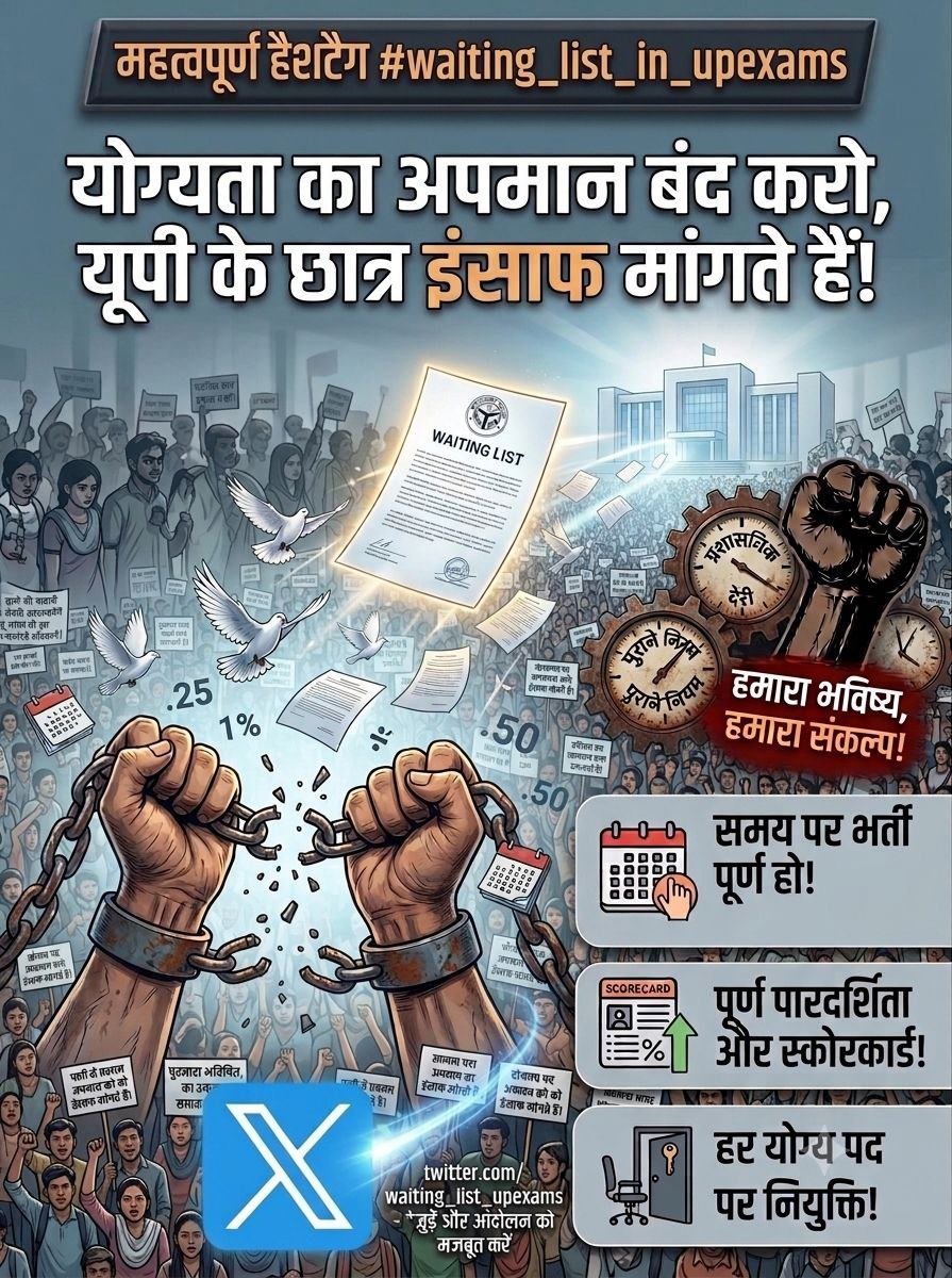 raghavpandit777's tweet photo. #waiting_list_in_upexams
माननीय सरकार से अनुरोध है कि युवाओं की अपेक्षाओं को ध्यान में रखते हुए शीघ्र निर्णय लिया जाए।
यदि सीटें शेष हैं तो UPSSSC Waiting List जारी कर प्रक्रिया पूर्ण की जाए।

@myogiadityanath

@kpmaurya1

@UPGov

@CMOfficeUP

@akhilesh

@TheNewspinch https://t.co/aZhpi5PH9T