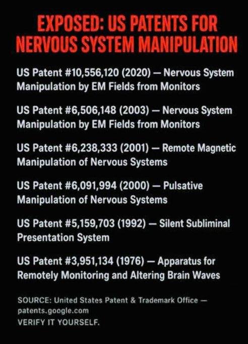 ShadowsExposed's tweet photo. US Patents:  “nervous system manipulation by electromagnetic fields from monitors.” https://t.co/njolYee9Ft