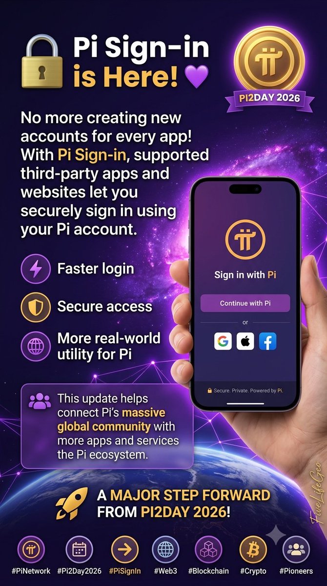 GeovaniePascual's tweet photo. 🔒 Pi Sign-in. Dropped. 💜

Isang Pi. Lahat ng apps. 
No more tambak na accounts. No more kalimutan password.

Faster. Safer. Mas Pi. 
#PiNetwork #Pi2Day2026 #PiSignIn #FiveLifeGeo https://t.co/CR2VC4lwK0