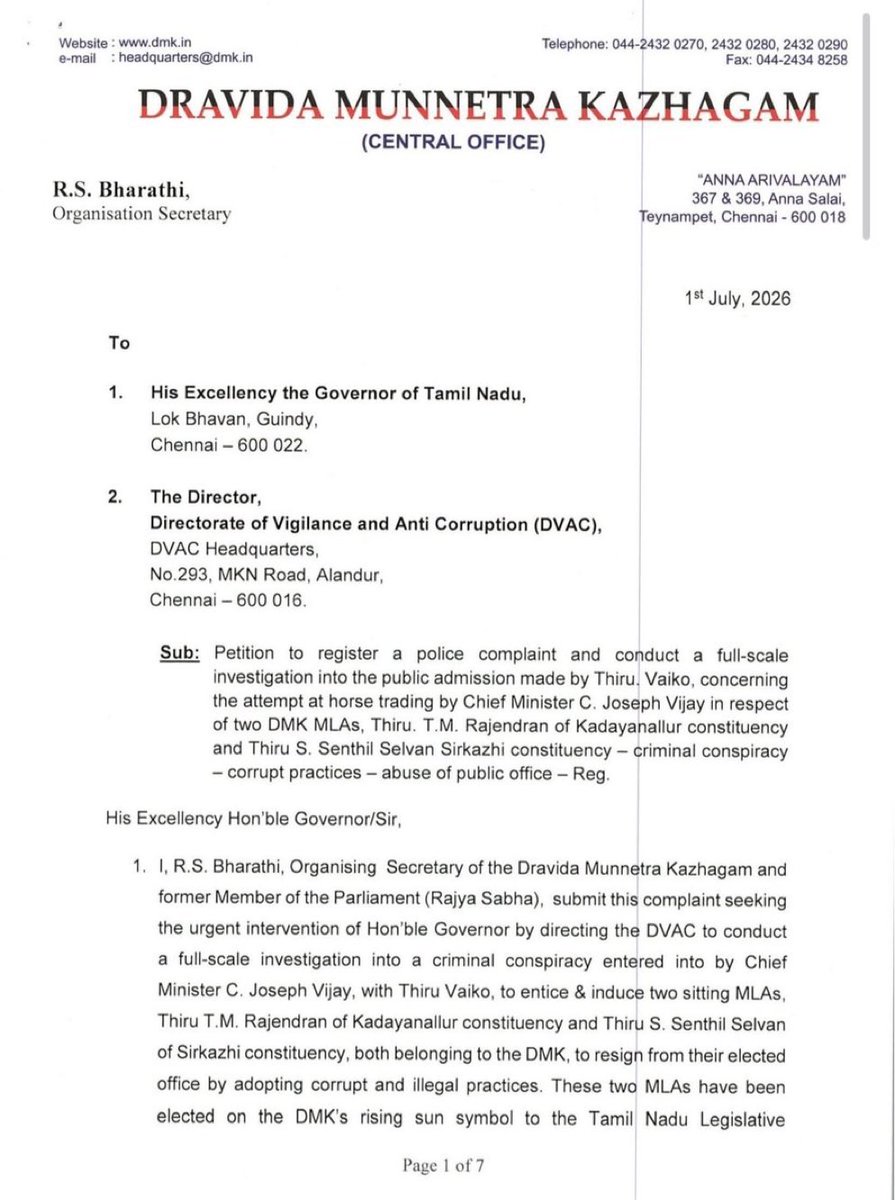 Riyashaishere's tweet photo. DMK has taken a strategic n decisive step by formally submitting a complaint to the Governor, seeking action against Vijay over alleged horse trading. 
High time CBI steps in to investigate this thoroughly. 

Well played, #DMK 👏👏👏 https://t.co/GfnCYwFXq3