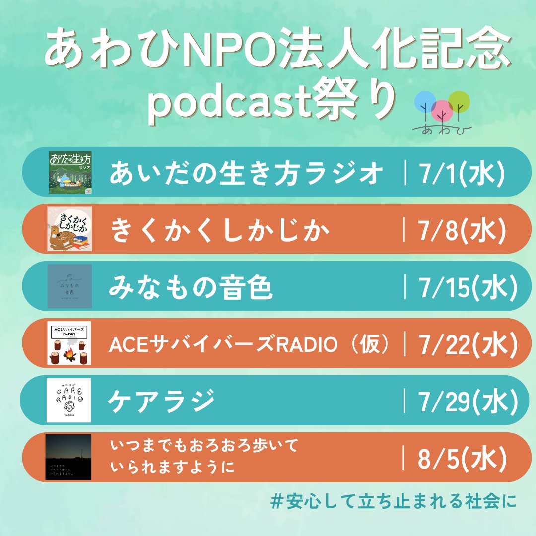 awahi_letter's tweet photo. あわひでは、podcast「あいだの生き方ラジオ」の配信を行なっていますが、それだけでなく、あわひの運営に関わるメンバーの多くが、個人でもpodcastの放送をしています。
そこで、法人化に合わせて、「podcast祭り」と称して、代表のにっしーがメンバーそれぞれのpodcastに出演して、あわひの活動についてお話しさせていただきます。

本日から、毎週水曜日に、各podcastで放送されていきます。

更新の日付は以下の通りです。
あいだの生き方ラジオ：7/1(水)
きくかくしかじか（もりも&しの）：7/8(水)
みなもの音色（まな）：7/15(水)
ACEサバイバーズRADIO(仮)（もりも&てる）：7/22(水)
ケアラジ（てつ）：7/29(水)
いつまでもおろおろ歩いていられますように（安久都）：8/5(水)

リプライ欄にツリーで、各放送のリンクを貼らせていただきます。

#安心して立ち止まれる社会に