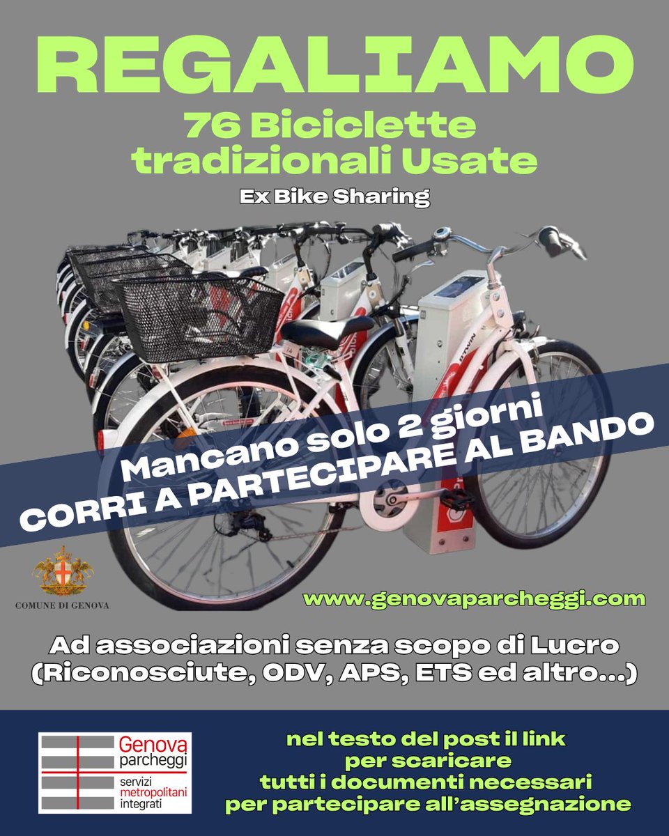 GenovaParcheggi's tweet photo. 📋Vieni a partecipare? Tutti i dettagli, i requisiti ei documenti necessari per richiedere l'assegnazione sono disponibili al seguente link: 📷 https://t.co/sMWJ6Ummv3

#genova #bike #traffico #onlus #aps #ets https://t.co/B5x6kXw3Wk