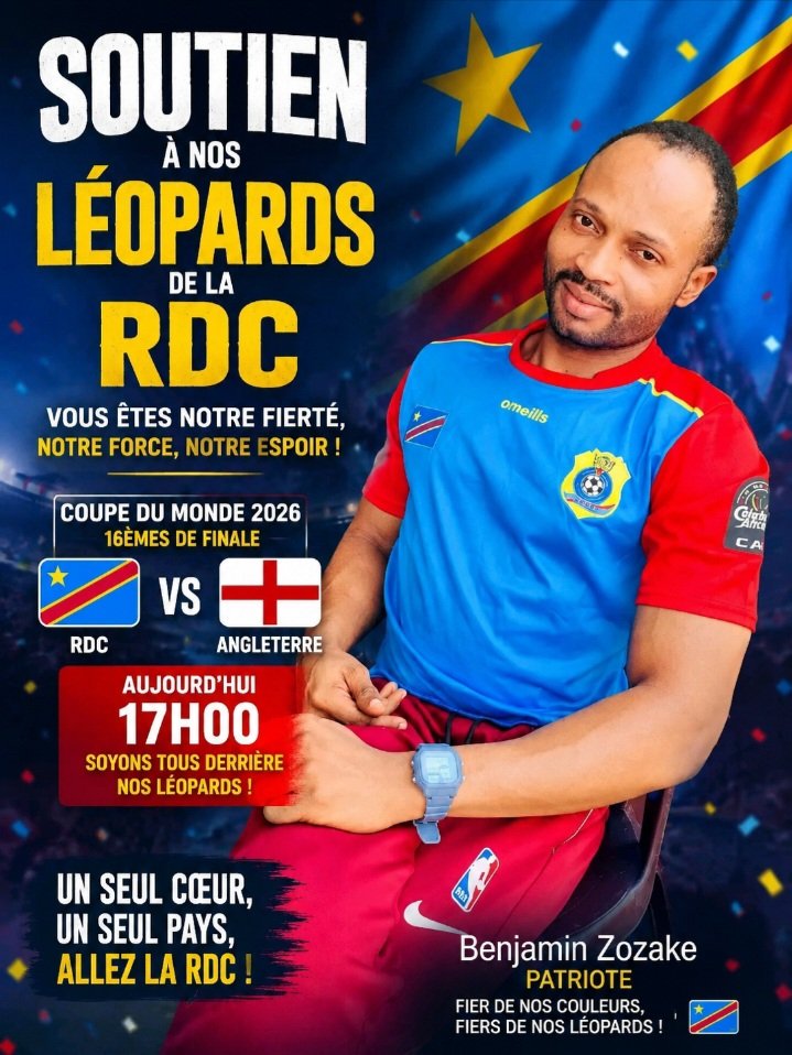 ZozakeBen's tweet photo. 🇨🇩 Tous derrière nos Léopards ! 🐆 Aujourd'hui, vous portez les rêves de toute une nation face à l'Angleterre. Courage, détermination et victoire ! La RDC croit en vous. 
 Benjamin Zozake, Patriote 🇨🇩
#AllezLesLéopards #RDC #RDCvsAngleterre #CoupeDuMonde2026 #FiertéNationale https://t.co/mfIbcIpTER