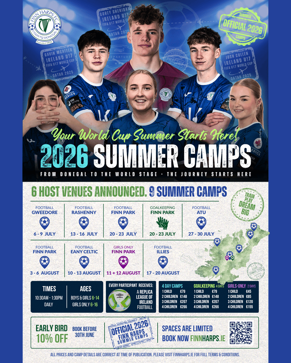 FinnHarpsFC's tweet photo. The Finn Harps Summer Camps are back for 2026 – bigger, better, and packed with football fun for boys and girls aged 6–14, plus a dedicated 4-day Goalkeeping Camp for ages 6–14 and a 2-day Girls Only Camp for ages 6–16.

Book today: https://t.co/u8077E1nRP https://t.co/lKEMgk7O2v
