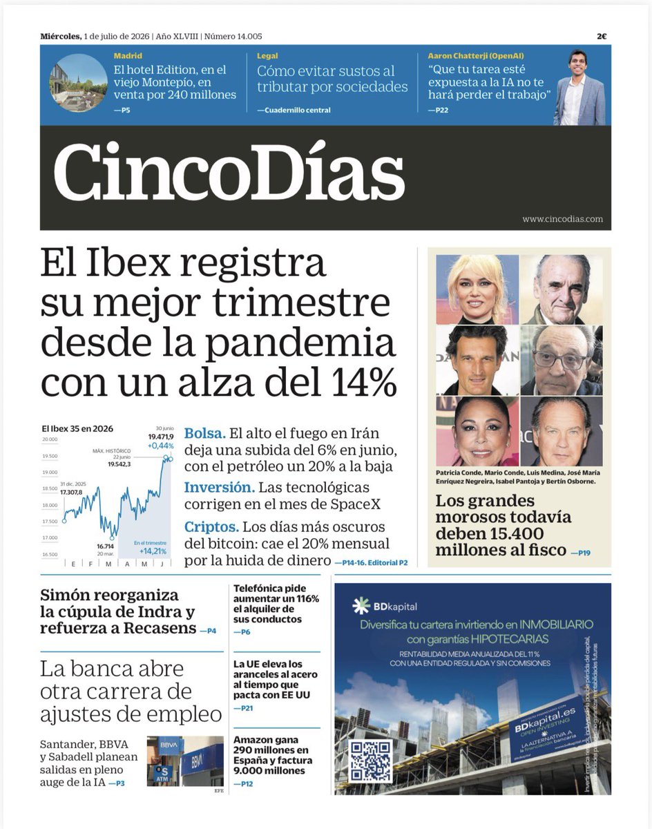 JuanjoMorodo's tweet photo. #Ibex #Irán #SpaceX #Indra #Simón #Recasens #banca #Santander #BBVA #Sabadell #ajustes #IA #Telefónica #acero #aranceles #Amazon #Hacienda #morosos #OpenAI #AaronChatterji #HotelEdition #Montepío https://t.co/2CCYsqjPig