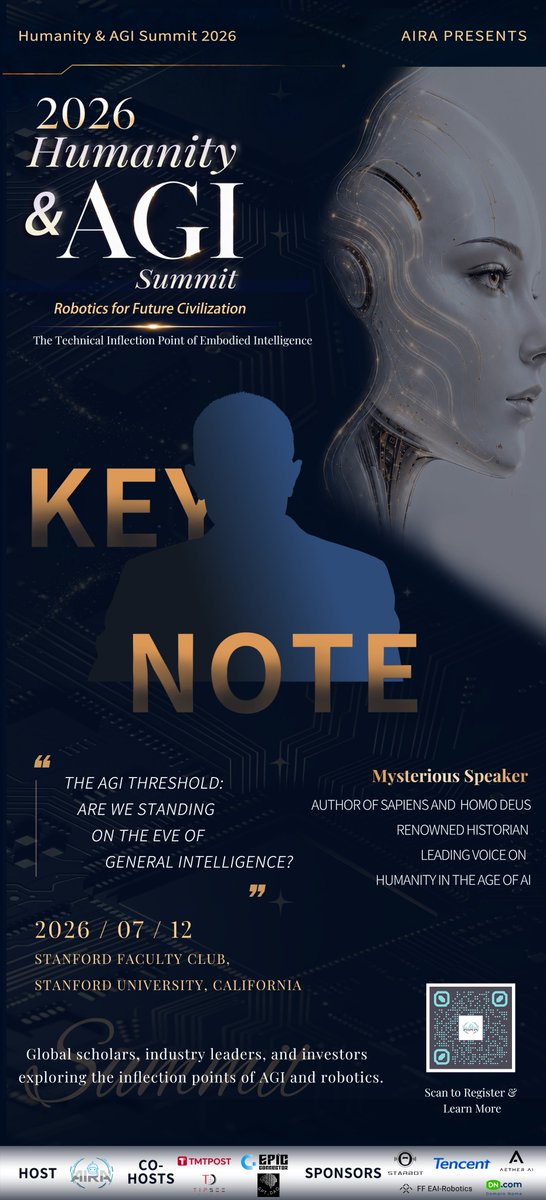 MEeventHK's tweet photo. 🔥 AGI 黎明论坛2026｜嘉宾议程揭晓

📢 Opening Keynote Speech
重磅神秘嘉宾——人类简史三部曲作者、全球知名历史学家
开幕演讲课题：通用人工智能门槛：我们是否正站在通用人工智能的前夜？

约翰·伊安尼迪斯——斯坦福大学教授、医学数据科学与研究方法论开拓者
开幕演讲课题：人工智能时代的信任、责任与知识危机。

迪帕克·帕塔克——卡内基梅隆大学副教授、Skild AI 联合创始人
开幕演讲课题：构建物理通用人工智能的机器人大脑。

💬 Fireside 
赵丁——卡内基梅隆大学副教授、安全人工智能实验室主任
刘冰洁——Alecto AI 创始人、国际知名 AI 规管专家
深度对谈课题：可信智能的边界，当人工智能进入真实世界
#AGISummit2026 #EmbodiedAI #Robotics #GenerativeAI #Stanford