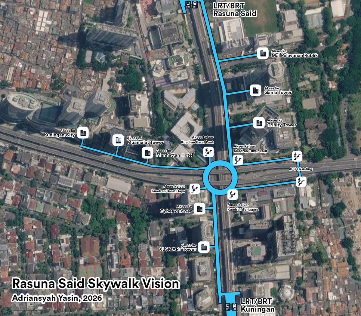 adriansyahyasin's tweet photo. Mumpung lagi ada waktu buat ngayal justeru JPO Donat itu lebih diperlukan di Rasuna Said. Lokasinya di mana? di persimpangan Jl. Rasuna Said dan Jl. Satrio/Casablanca.

Saat ini tidak ada cara yang mudah untuk pejalan kaki buat nyebrang dari sisi barat ke timur, dari Satrio ke Casablanca

Visi simpelnya menyatukan Stasiun LRT Rasuna Said dan Kuningan, dan Jembatan Donat di tengah simpang dengan akses menuju gedung dan mall sampai ke Kuningan City (atau bahkan sampe Lotte). Mirip-mirip konsep R-Walknya di Bangkok 

Ini kalau dibangun pasti trafficnya akan sangat tinggi :)