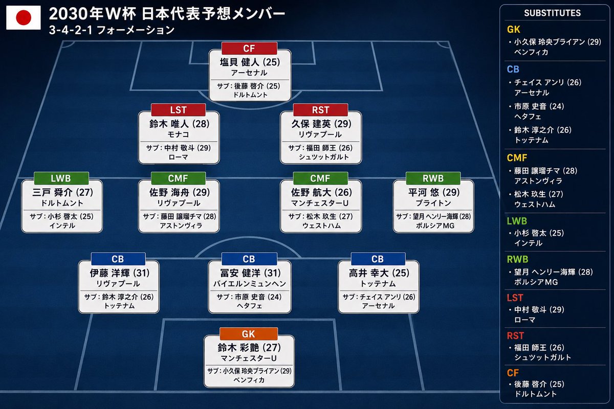 j_mview's tweet photo. これ個人的にめっちゃ理想的！
2030年w杯メンバー皆の理想は？
#日本代表 #W杯 https://t.co/gd2UnfMuMo