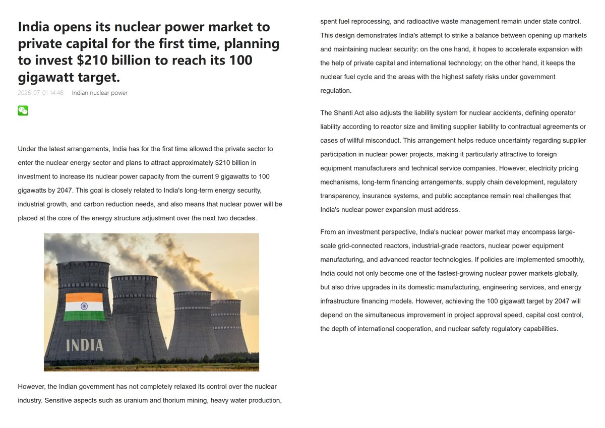 AnStra14's tweet photo. 🇮🇳⚛️ 1/ India’s nuclear sector is entering a new policy phase.

Government budget signals + official releases point to a long-term ambition of ~100 GW nuclear capacity by 2047, alongside reforms allowing greater private participation under the SHANTI Act framework. https://t.co/SXR7by8ezu